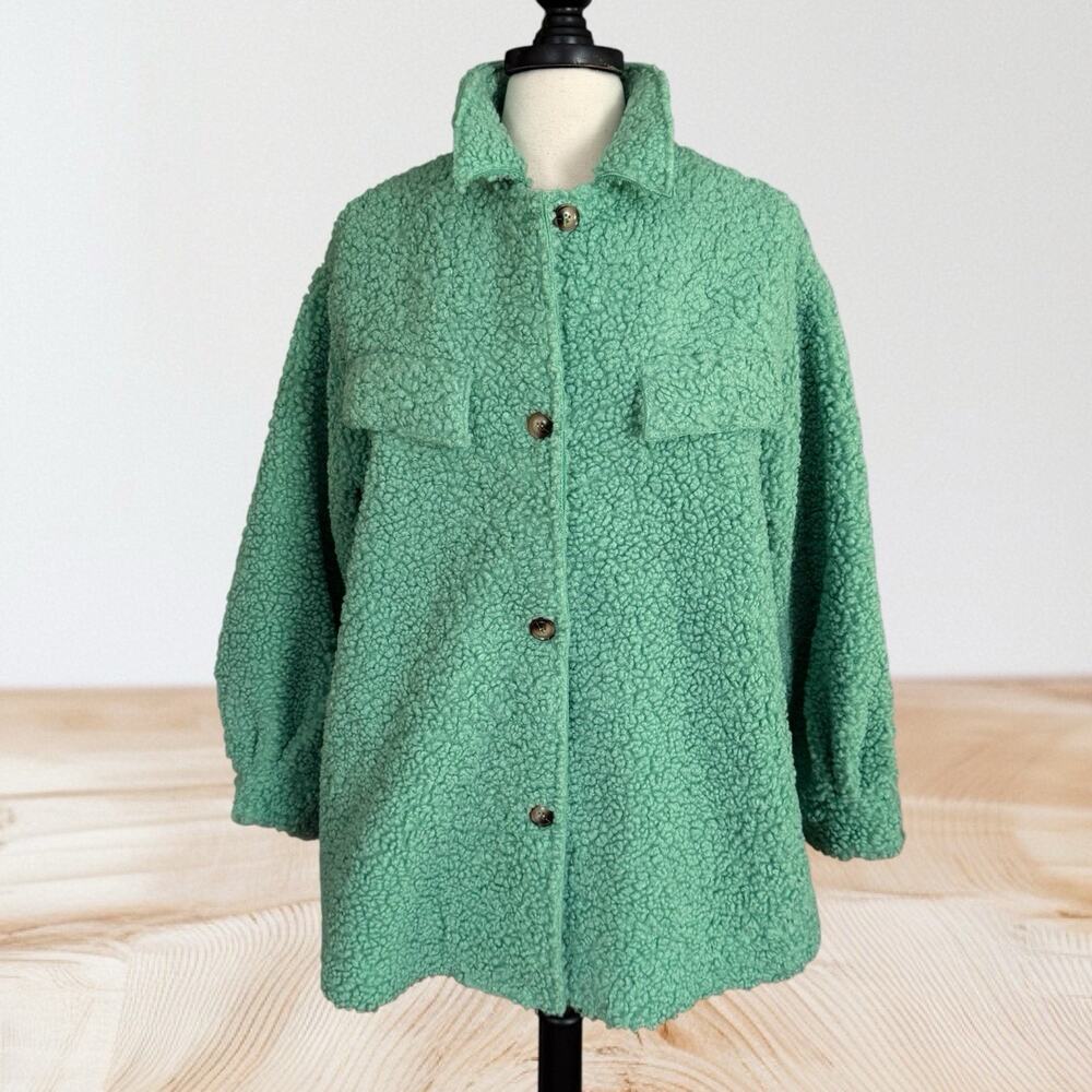 Davi & Dani Oversized 46"B Sherpa Jacket‎ Sz S Womens Apple Green Shacket Preppy